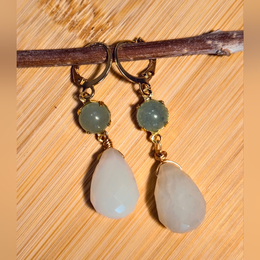 Natural Green Jade In Large Drop Gold Plated Earrings